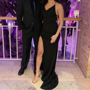 Stunning black cowl neck open formal dress